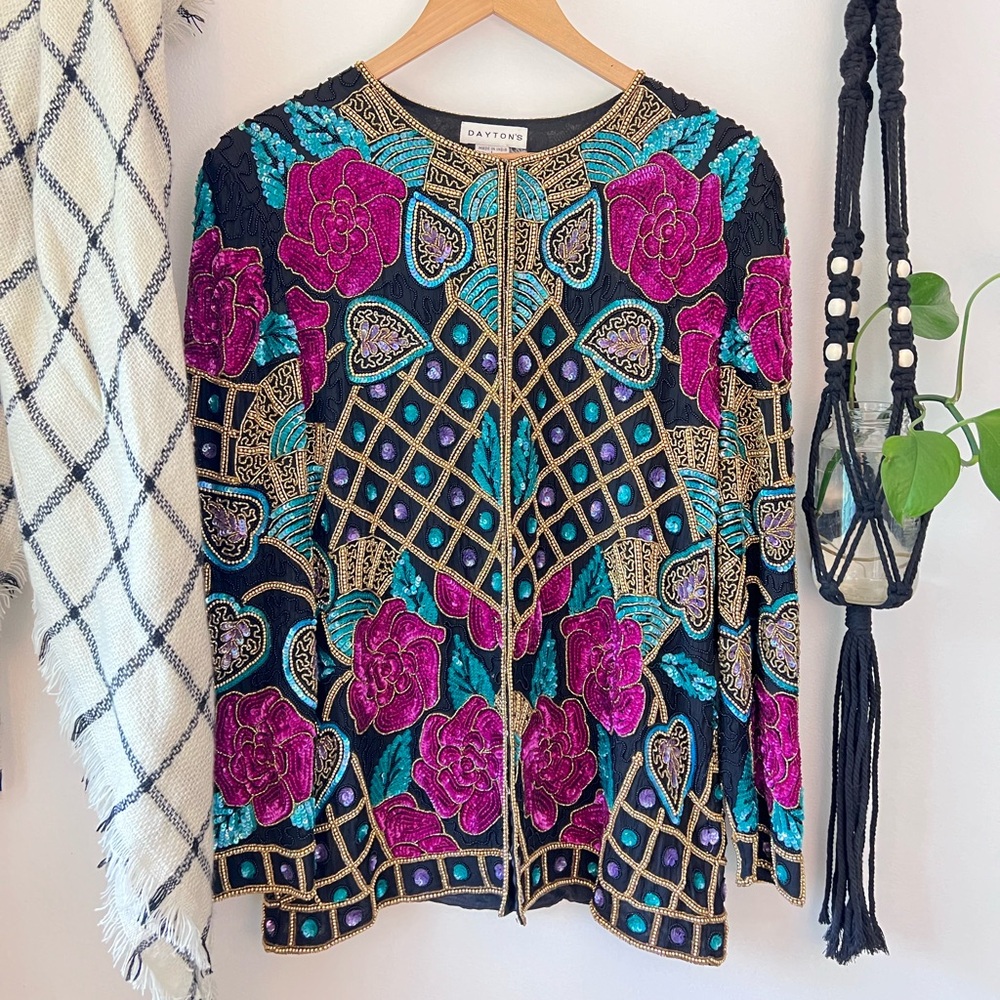 RARE Vintage 80s Art Deco Floral Beaded Sequins Glam Jacket